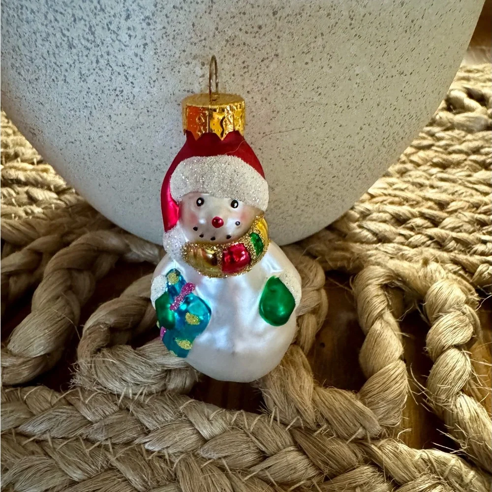Vintage Blown Glass Snowman Christmas Ornament Glitter Scarf Stocking 3